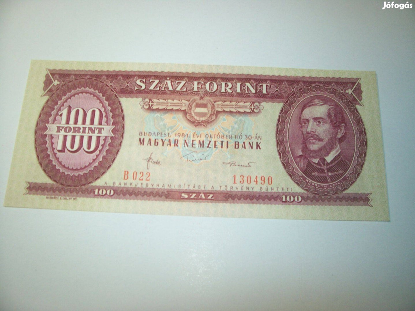 1984 évjáratú 100 forintos. B022. Kép szerint