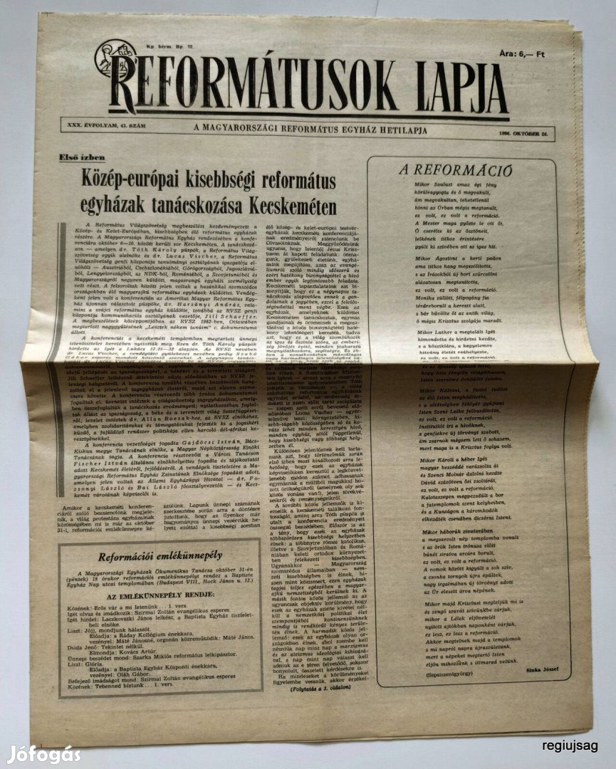 1986 október 26 / Remormátusok Lapja / Újság - Magyar