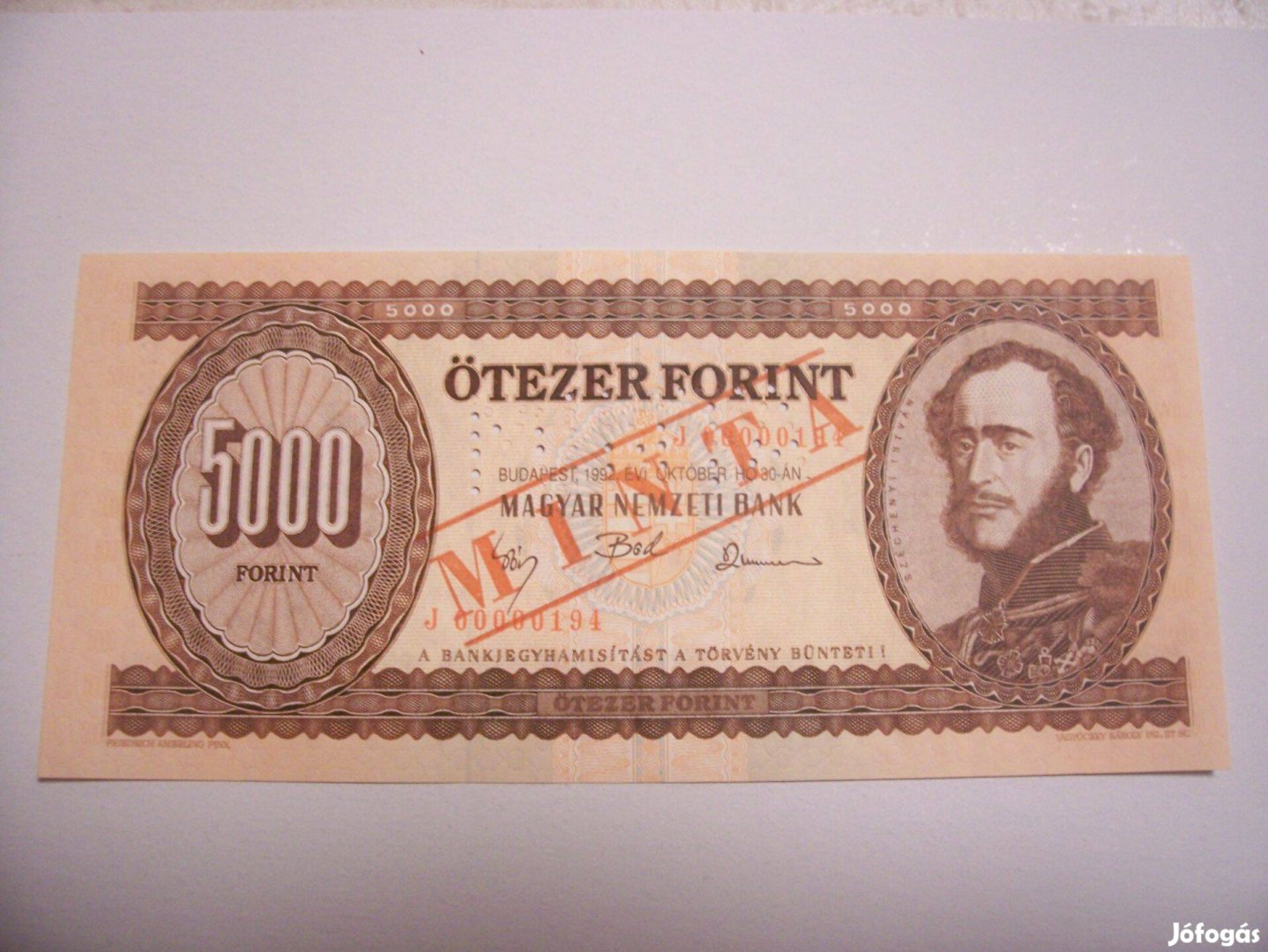 1992 évjáratú 5000 forintos. Minta. J 00000194. UNC