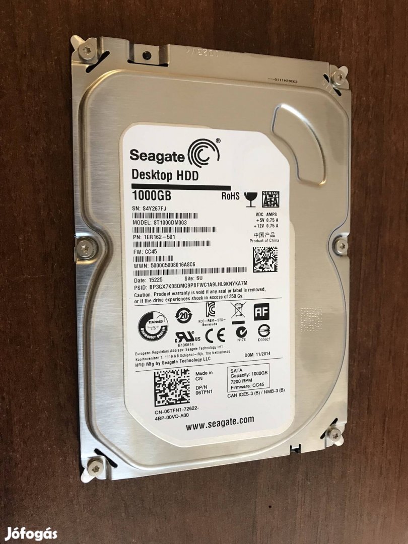 1TB Seagate HDD, 3,5, sata csatlakozás, 100/100