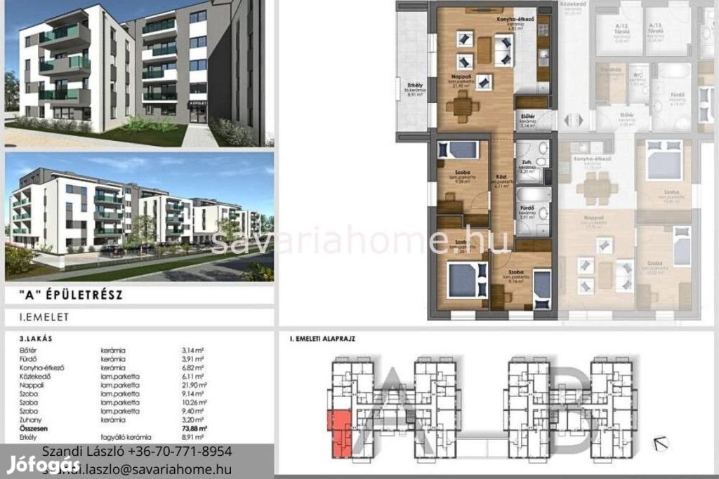 1. emeleti, 3 szoba nappalis, újépítésű lakás foglalható,