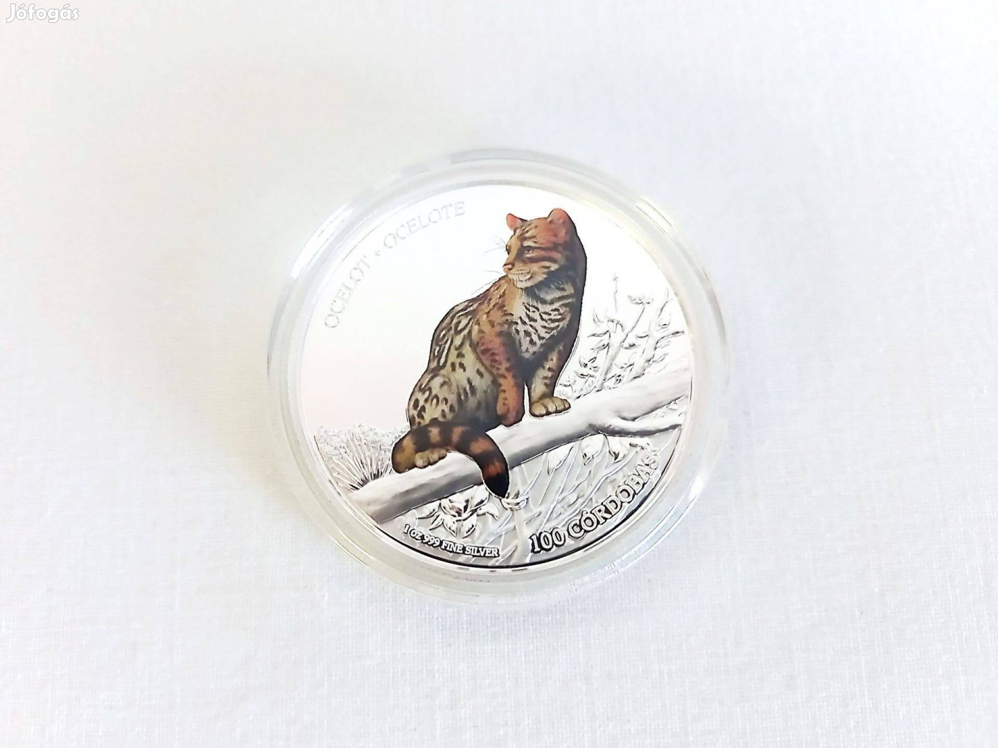 1 unciás ezüst érme ocelot mintával, fa dobozban, Nicaragua, 2018