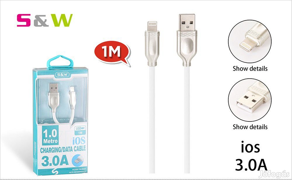 1m-es 3.0A USB - LIGHTNING Gyorstöltésű adatkábel fehérszínű