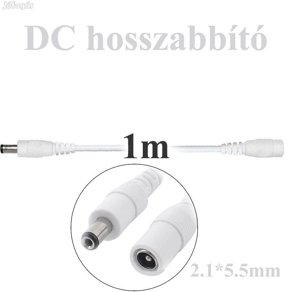 1m-es fehér DC hosszabbítókábel kamerákhoz, dugó-aljzat 5.5 * 2.1MM