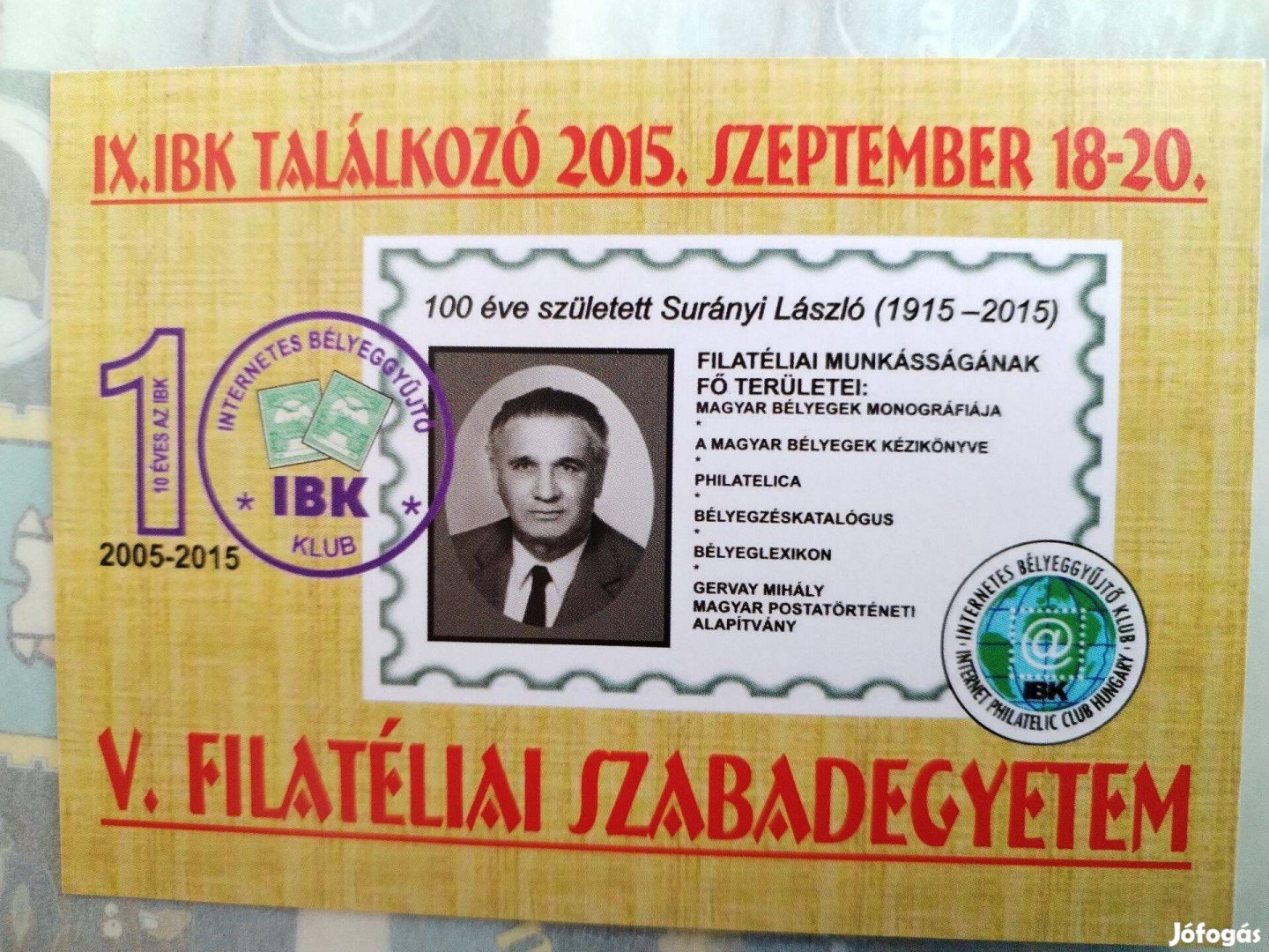 2015-ös V. Filatélia Szabadegyetem emlékív