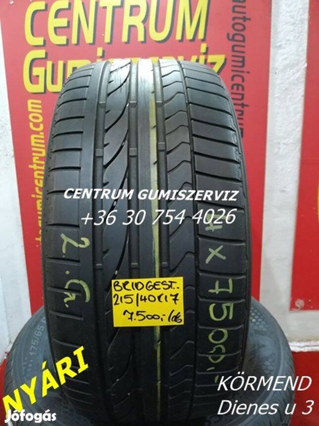 215/40r17 használt nyári gumi Bridgestone 2.gar 7.500 Ft