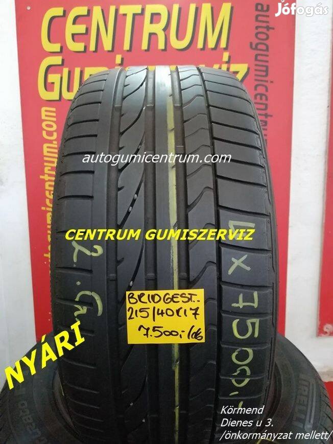 215/40r17 használt nyári gumi Bridgestone 2-garnitúra