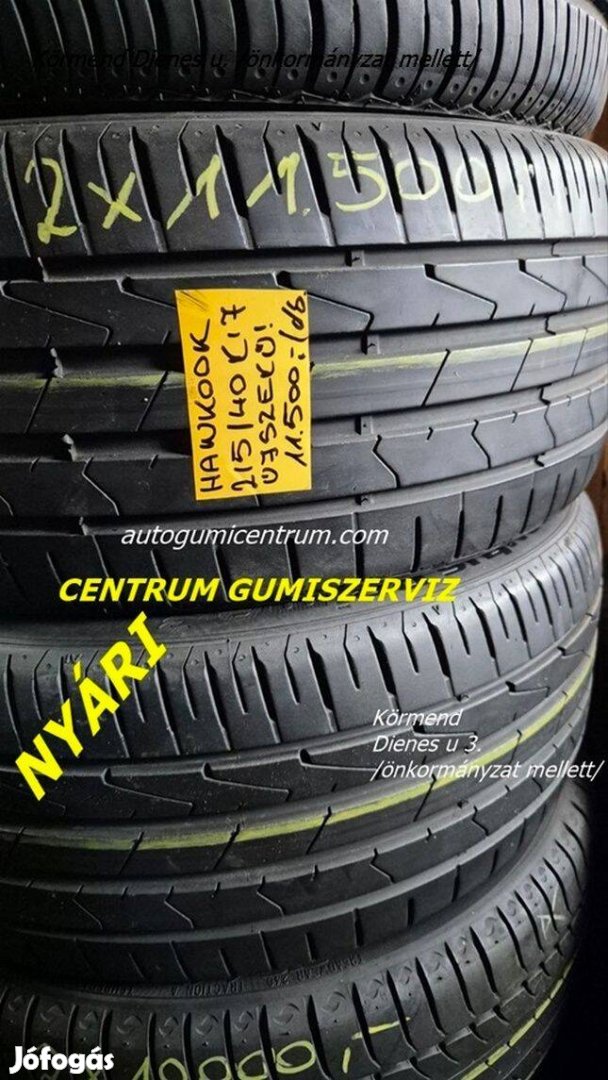 215/40r17 használt nyári gumi Hankook 2db 11.500 Ft