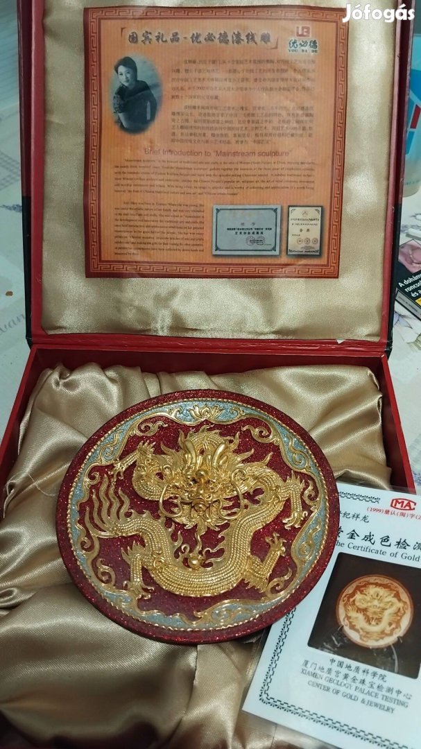 24K aranyfüst kínai sárkány dísztányér tanusítvánnyal