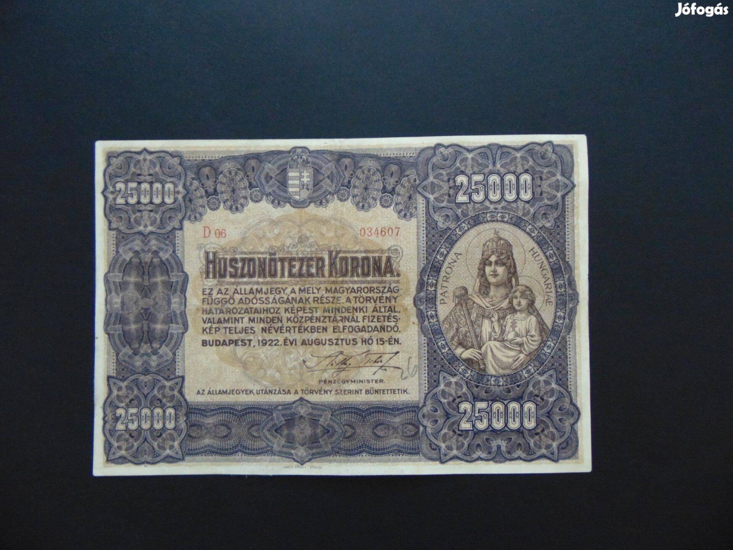 25000 korona 1922 Nagy méretű nagyon szép bankjegy