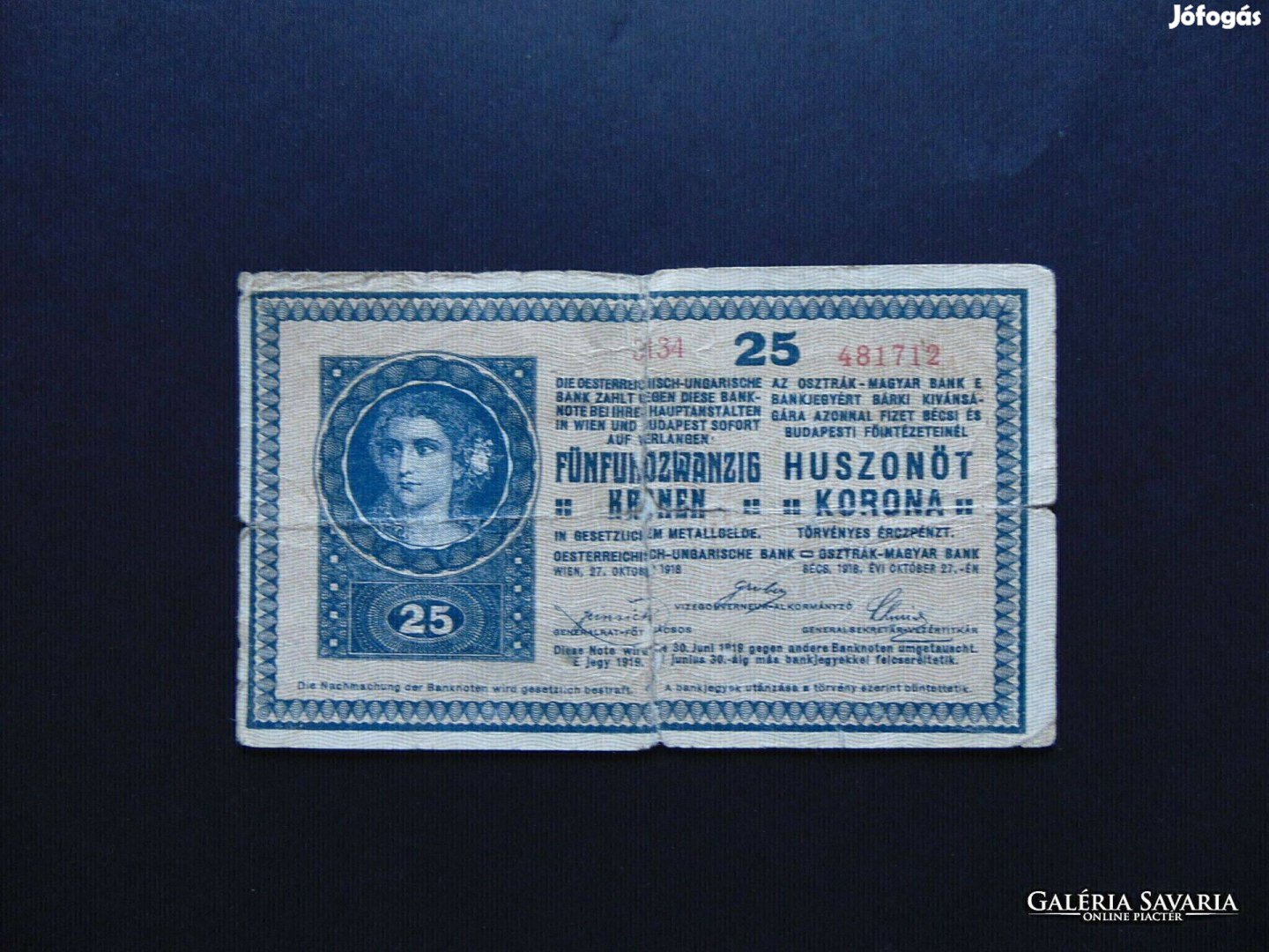 25 korona 1918 3134 Használt bankjegy