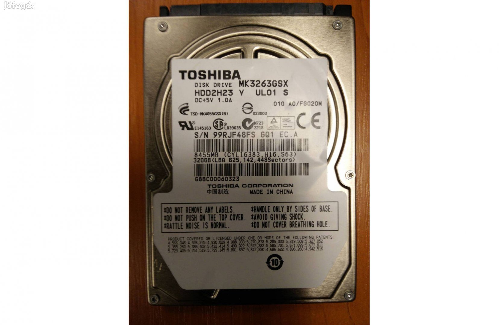 2.5" 320 GB Toshiba MK3263Gsx 5400 RPM laptop SATA HDD, hibás