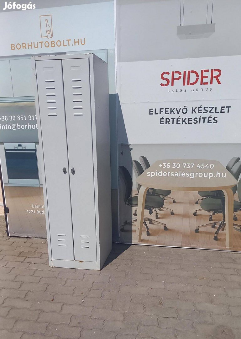 2 ajtós öltözőszekrény, 2 ajtós, szürke színű, fém - használt bútor