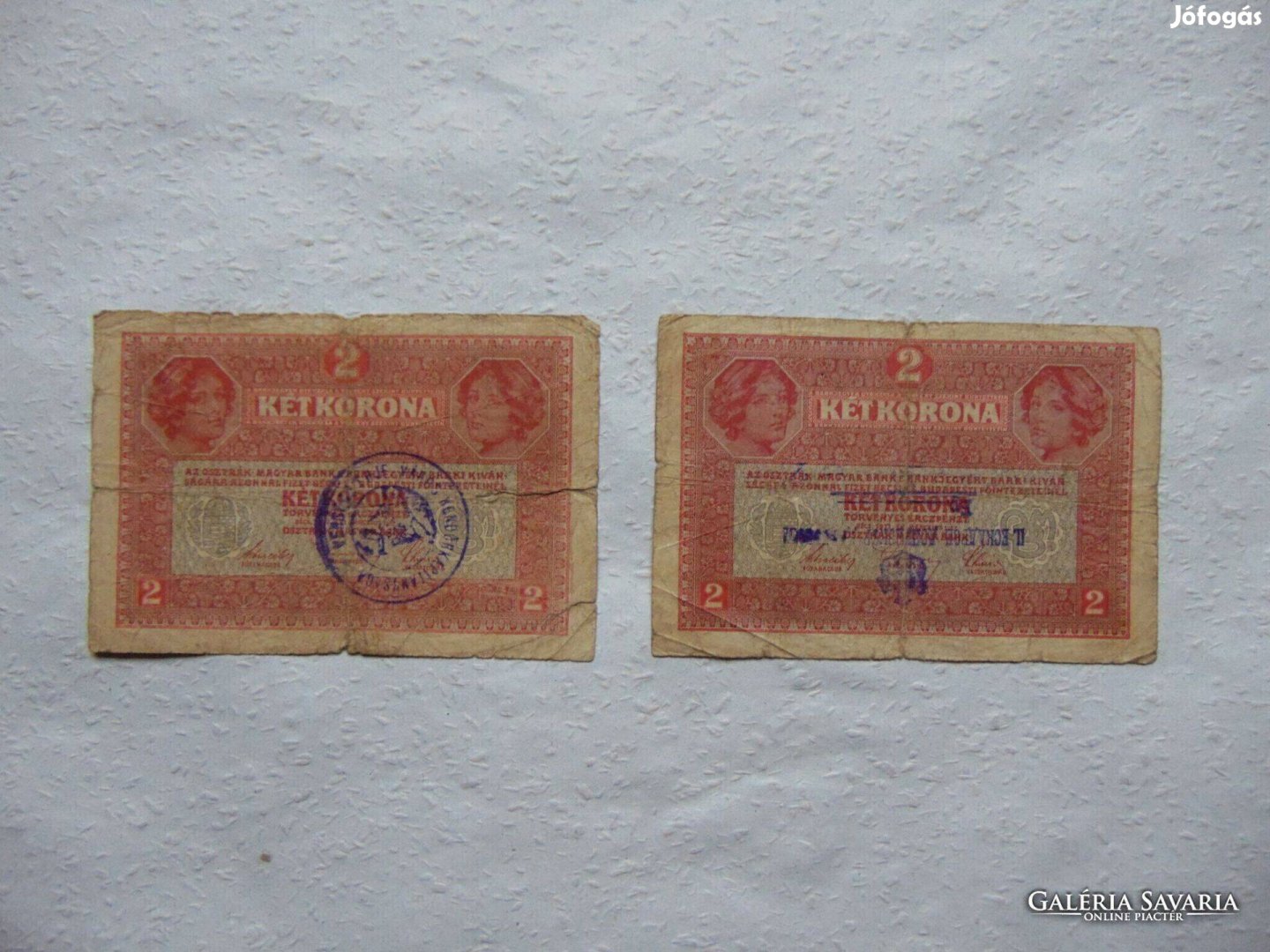 2 darab 2 korona bankjegy 1917 + Ritka Felülbélyegzés