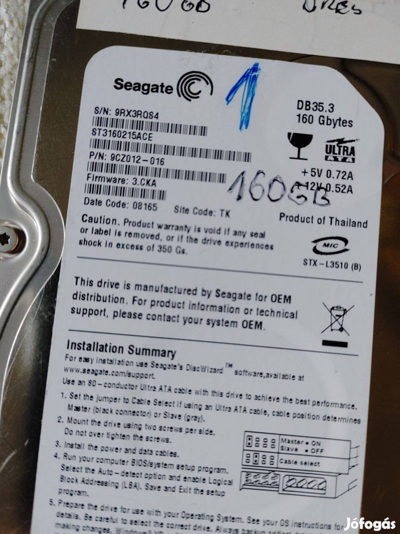 2 db 160 GB Seagate IDE/PATA HDD 100/100 4000Ft/db