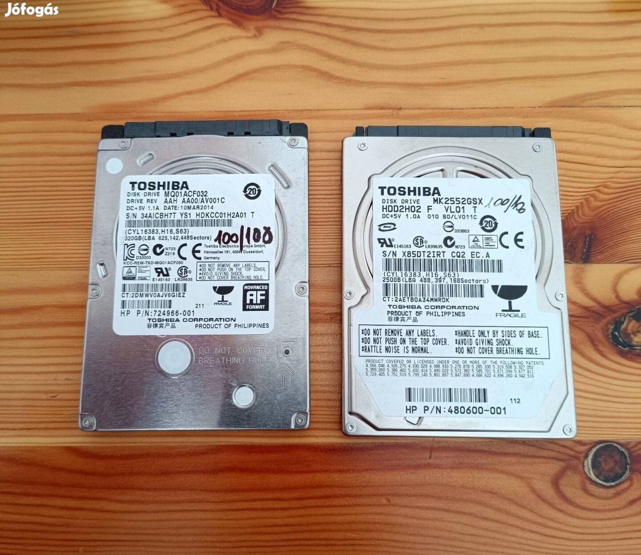 2 db Toshiba 2,5" laptop HDD (250GB + 320GB) 100/100%