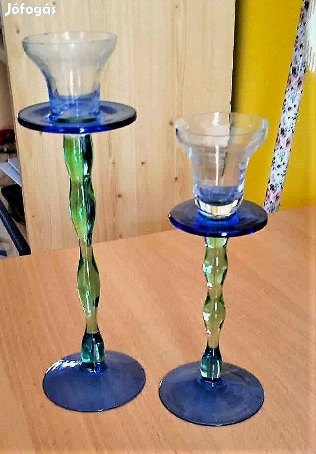2 db. karcsú művészi színes fújt üveg gyertyatartó
