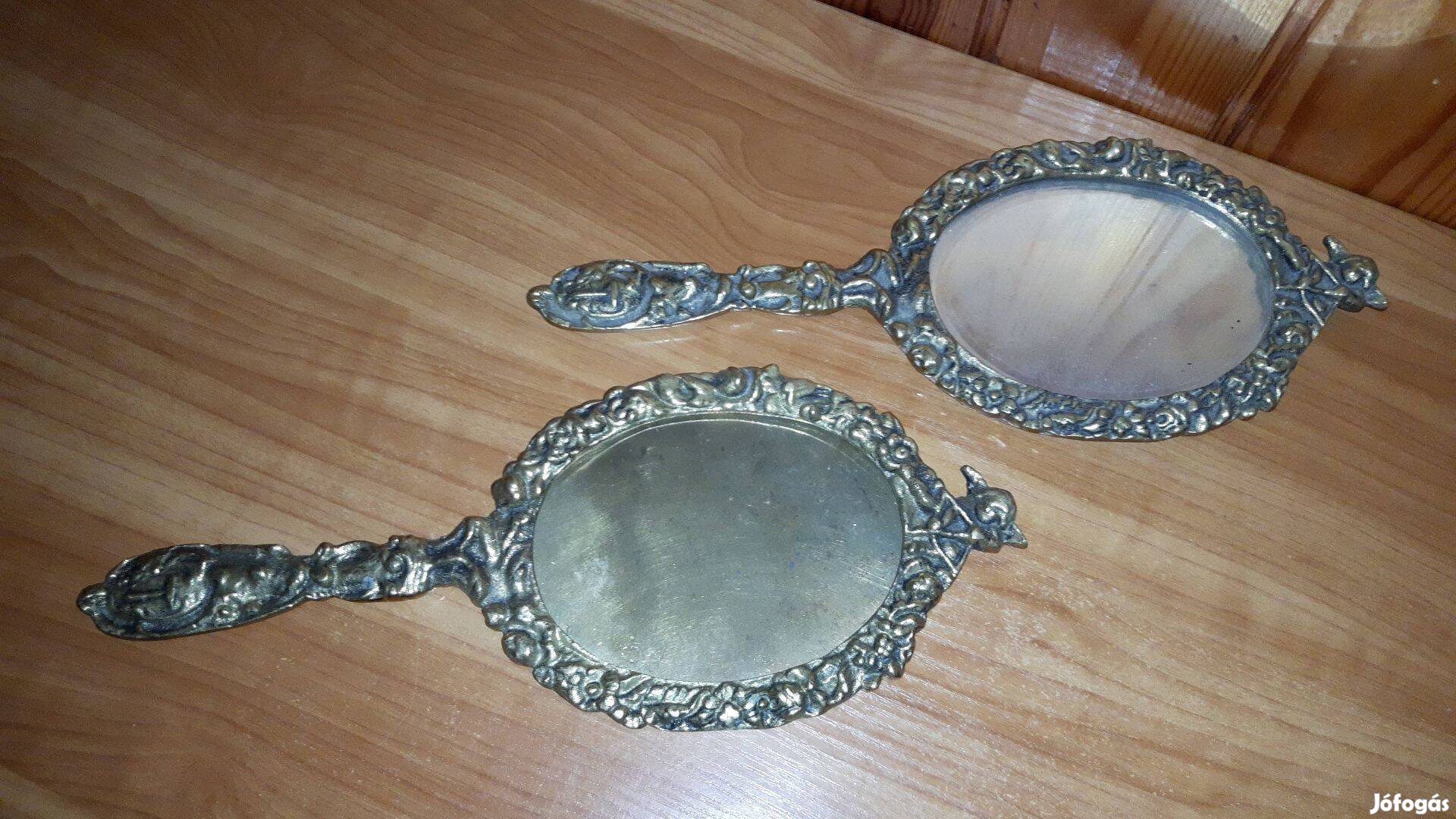 2 db antik kézi tükör, angyalka formával, pipere, réz tükör