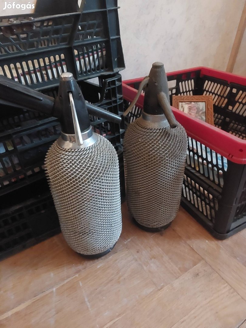 2 db régi fémhálós szódásszifon szódásüveg