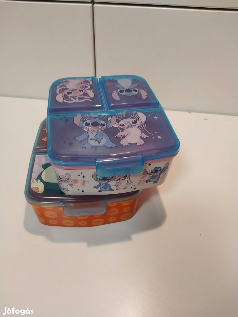 2 db több rekeszes, uzsonnás doboz, Pokémon, Stitch