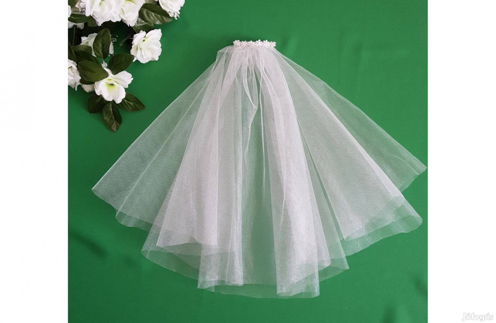 2 rétegű, szegetlen szélű, virágos Hófehér Mini menyasszonyi fátyol
