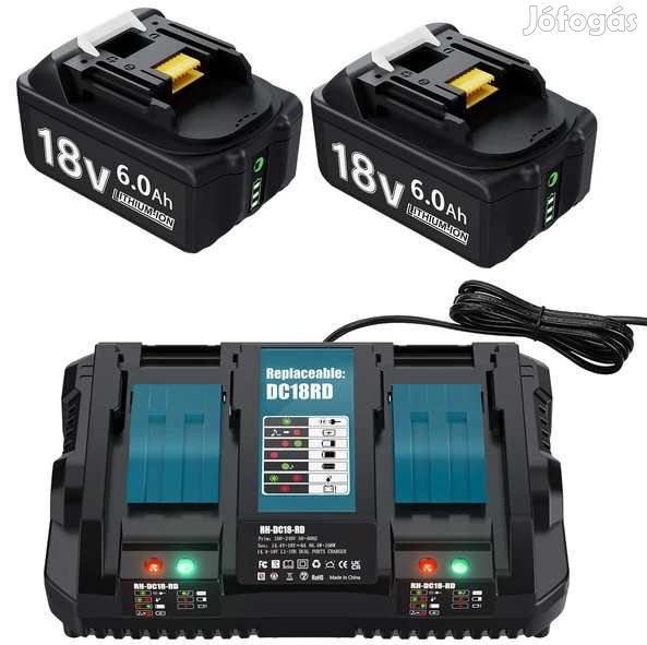 2db Makita kompatibilis Akkumulátor 6Ah 18V + Dupla Töltő (5771)