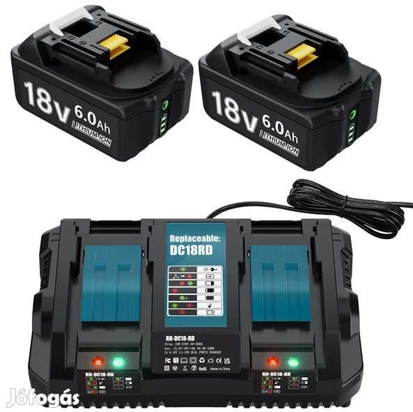 2db Makita kompatibilis Akkumulátor 6Ah 18V + Dupla Töltő (5771)