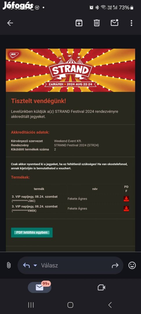 2db Strand Fesztivál VIP napijegy 08.24-re eladó: