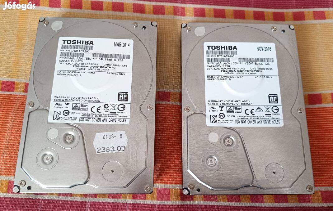 2db Toshiba 2TB 7200rpm 64MB, hibásak