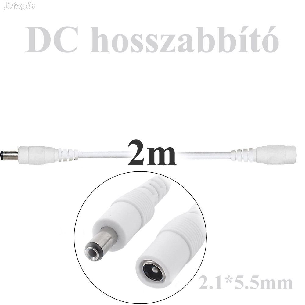 2m-es fehér DC hosszabbító kábel kamerákhoz, dugó-aljzat 5.5 * 2.1MM