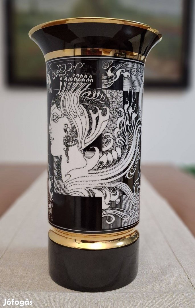 30 cm-es Szász Endre Hollóházi Váza Hibátlan, Aranyozott