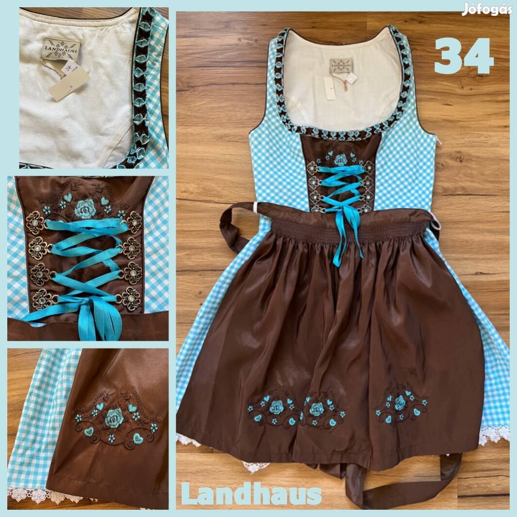 34-es kék kockás-barna Dirndl ruha /Landhaus/