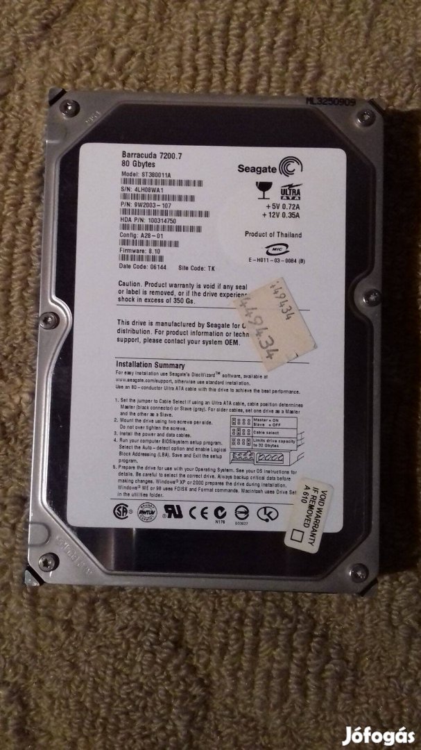 3,5" HDD 160 Gb Sata 100/100 hibamentes