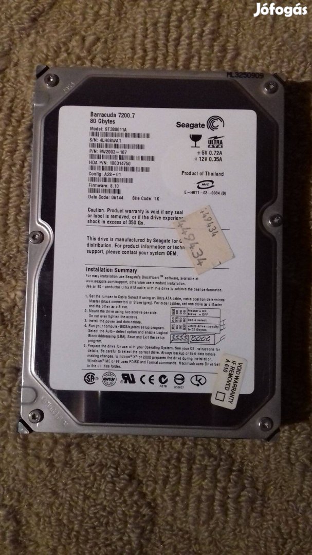 3,5" HDD 320 Gb Sata 100/100 hibamentes