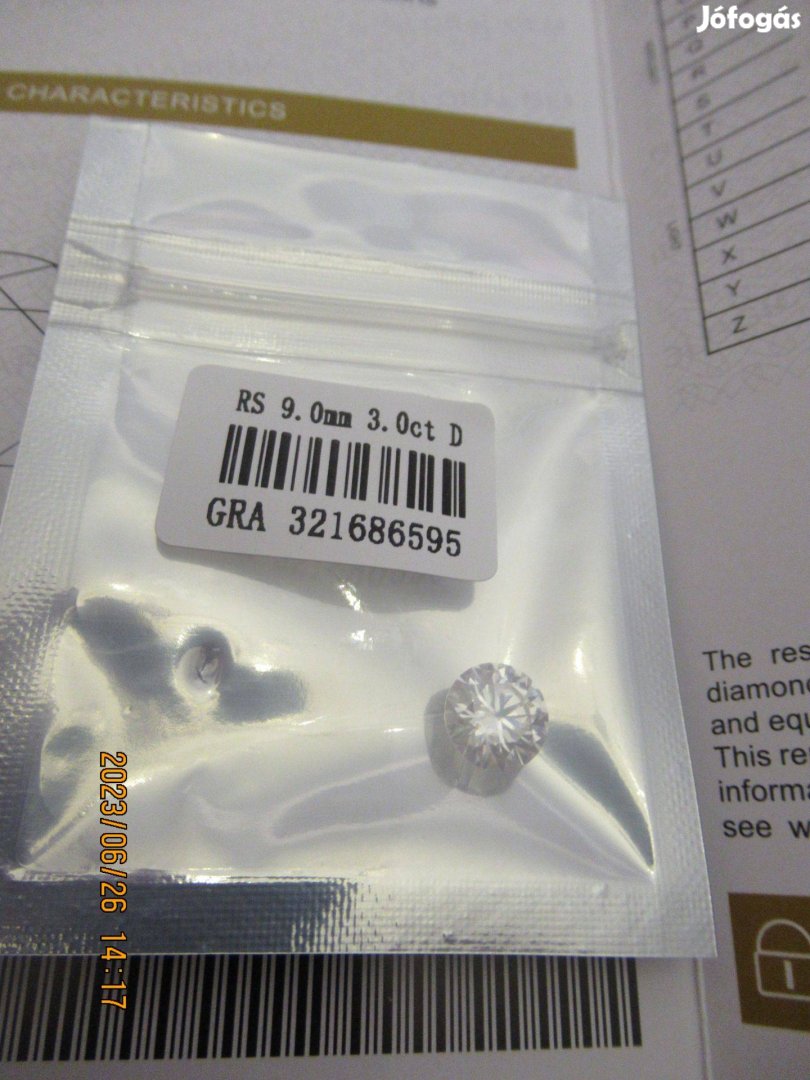 3 ct 9 mm gyémánt kő/lab.Moissanite/ Certifikációval