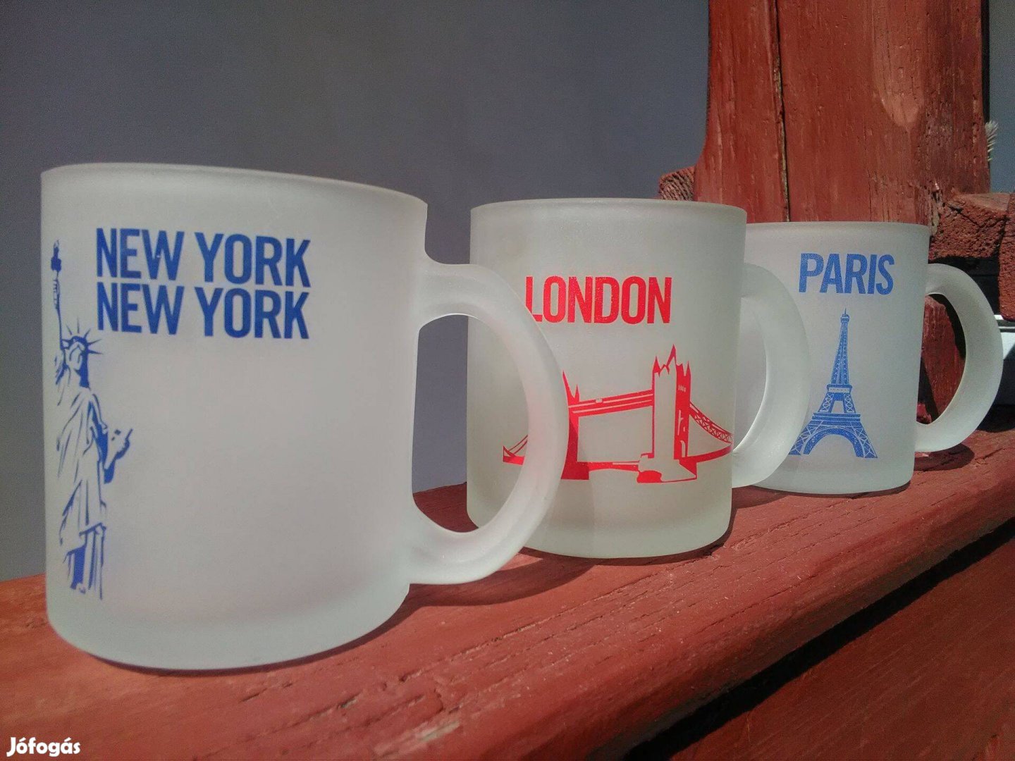 3 db London, New York, Párizs opál üveg bögre - új