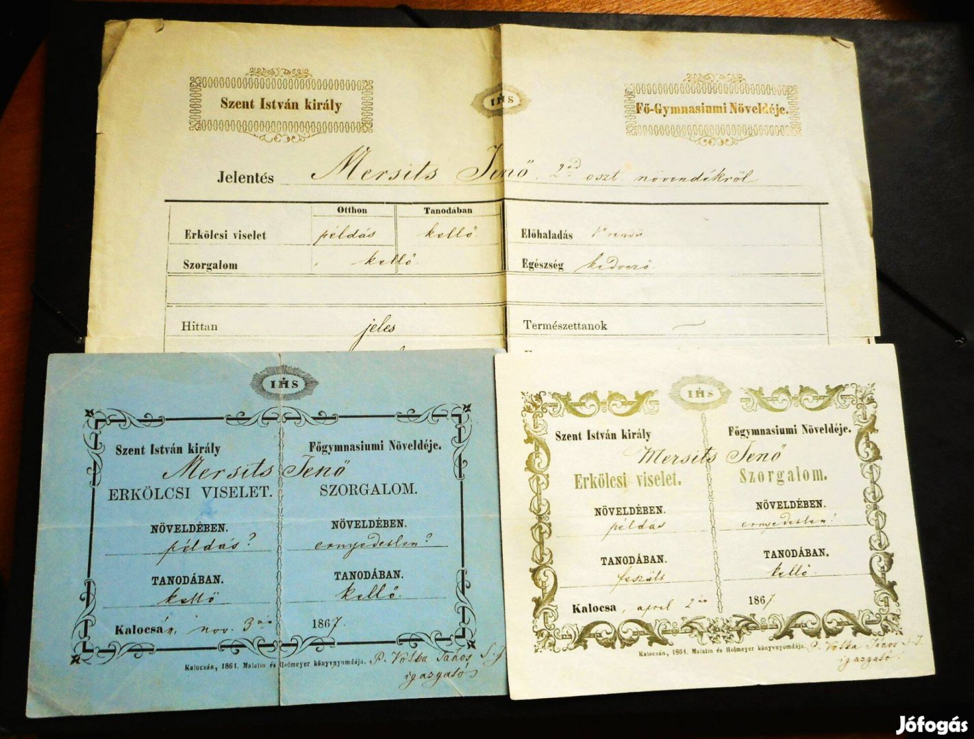 3 db régi iskolai bizonyítvány (Főgymnasium, Kalocsa, 1867)