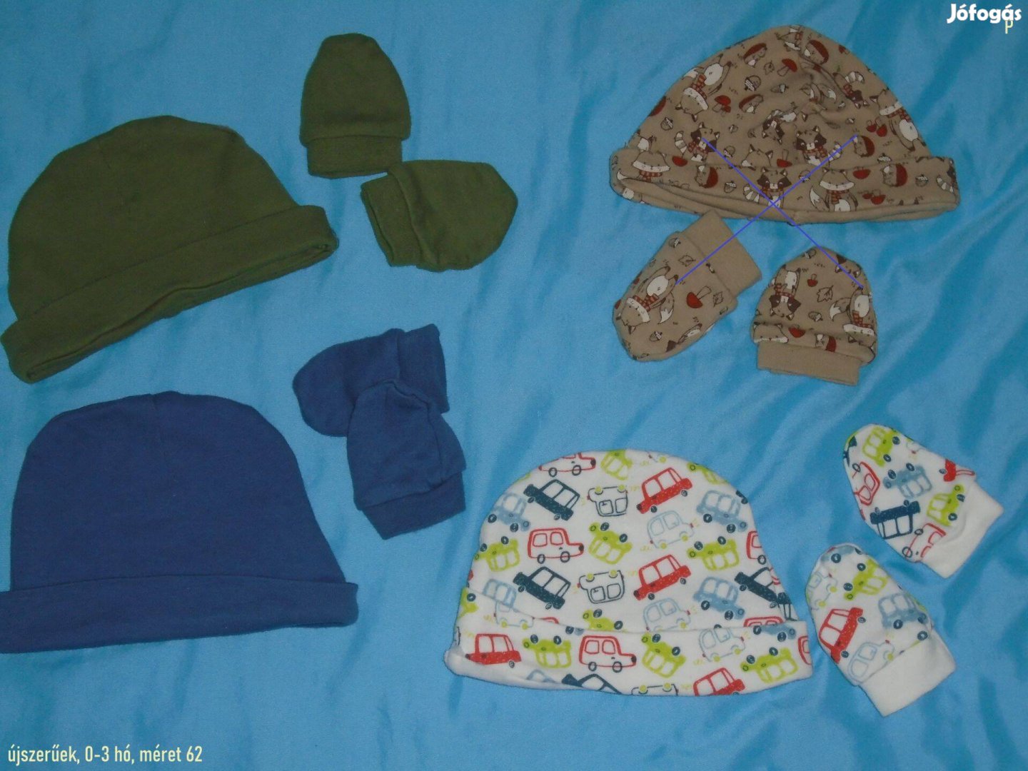 3 szett sapka és karmolás elleni kesztyű 0-3 hó méret 62