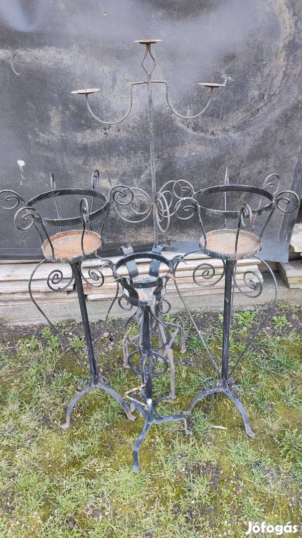 3db kovácsoltvas virágtartó, virág állvány, 1db gyertyatartó