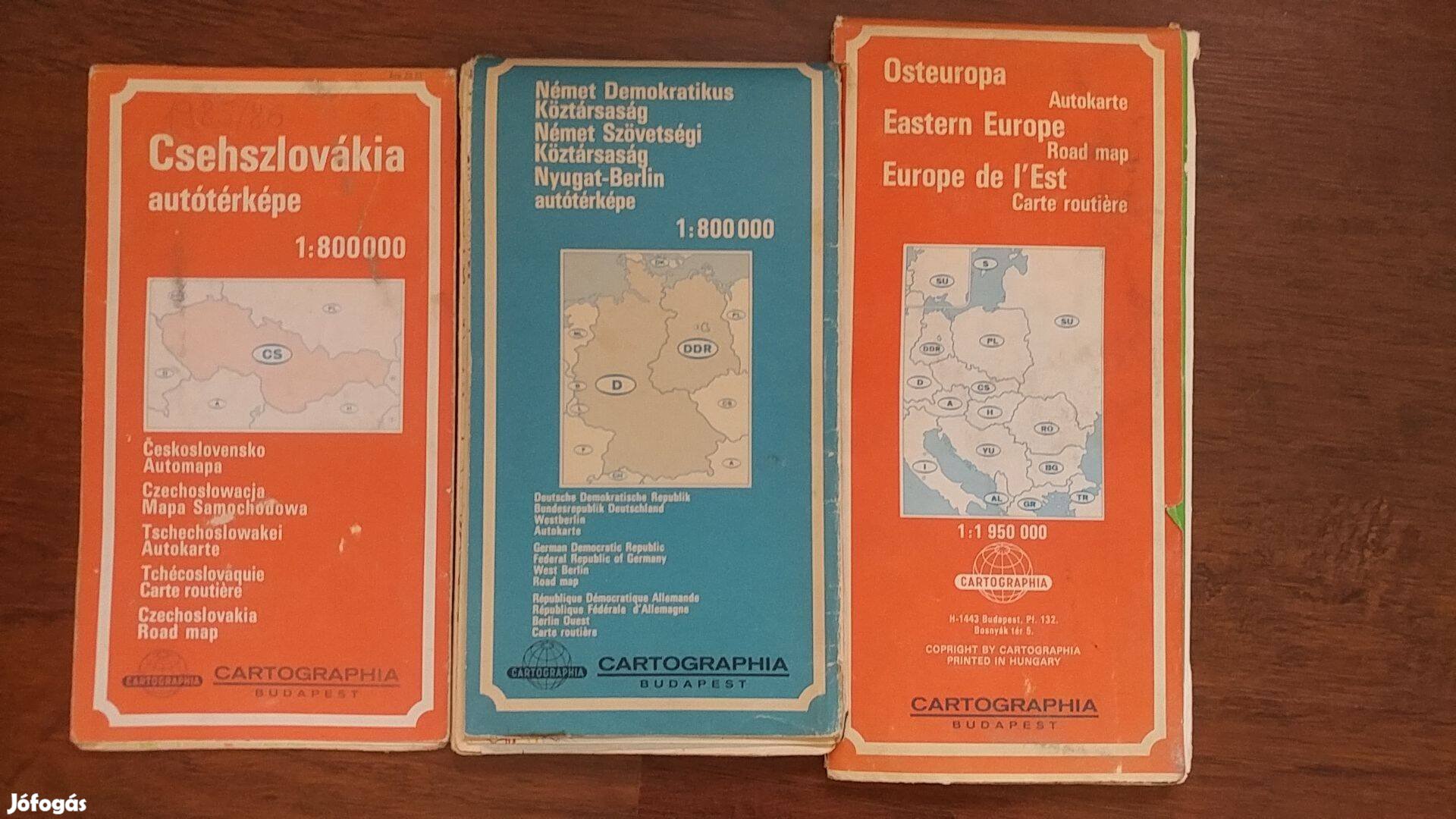 3db régi retro európai Cartographia autótérkép