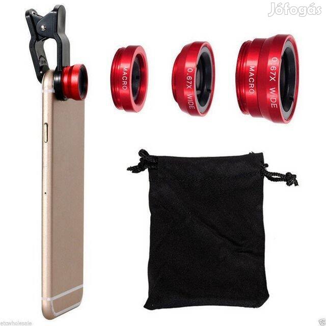 3in1 Okostelefon Clip-on Lencse, Piros Makró Macro Super Wide 0.67x _