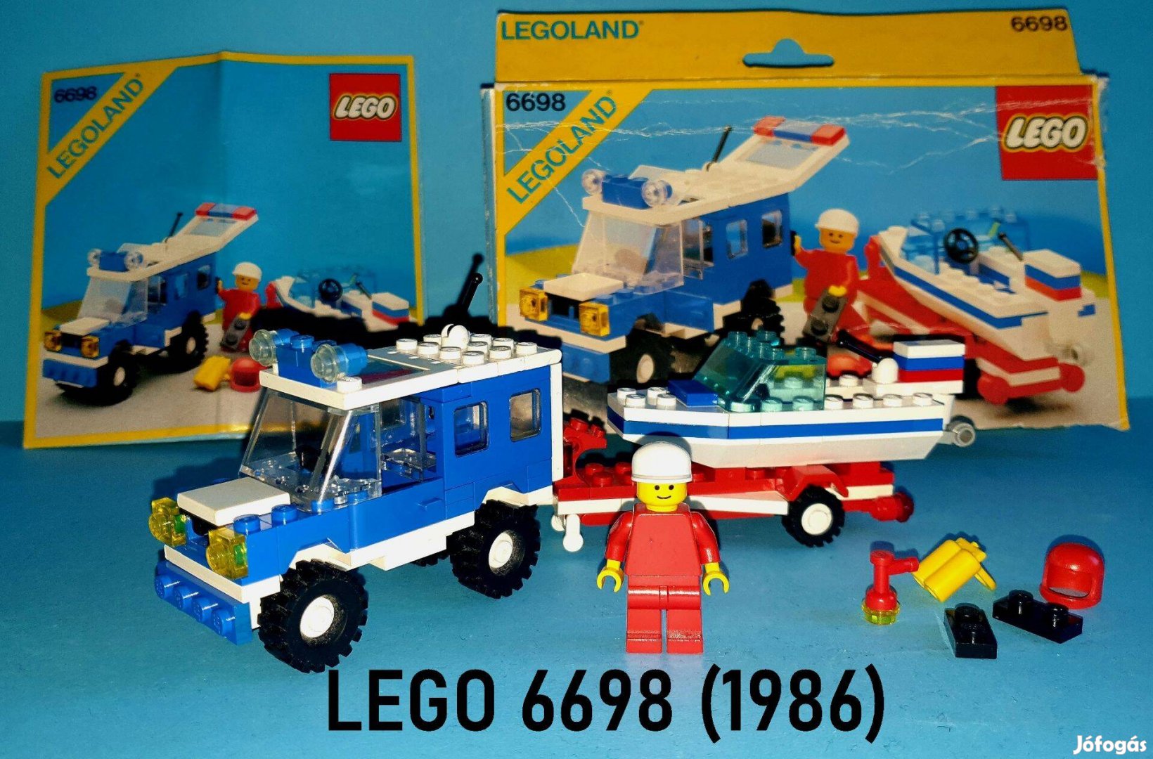 40 éves LEGO Legoland 6698 RV with Speedboat (1986) doboz, útmutató