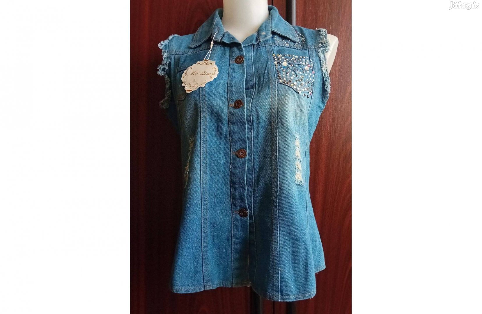 42-es/L/,női,cimkés,,denimkék,köves,rojtozott,Miss Line farmer felső