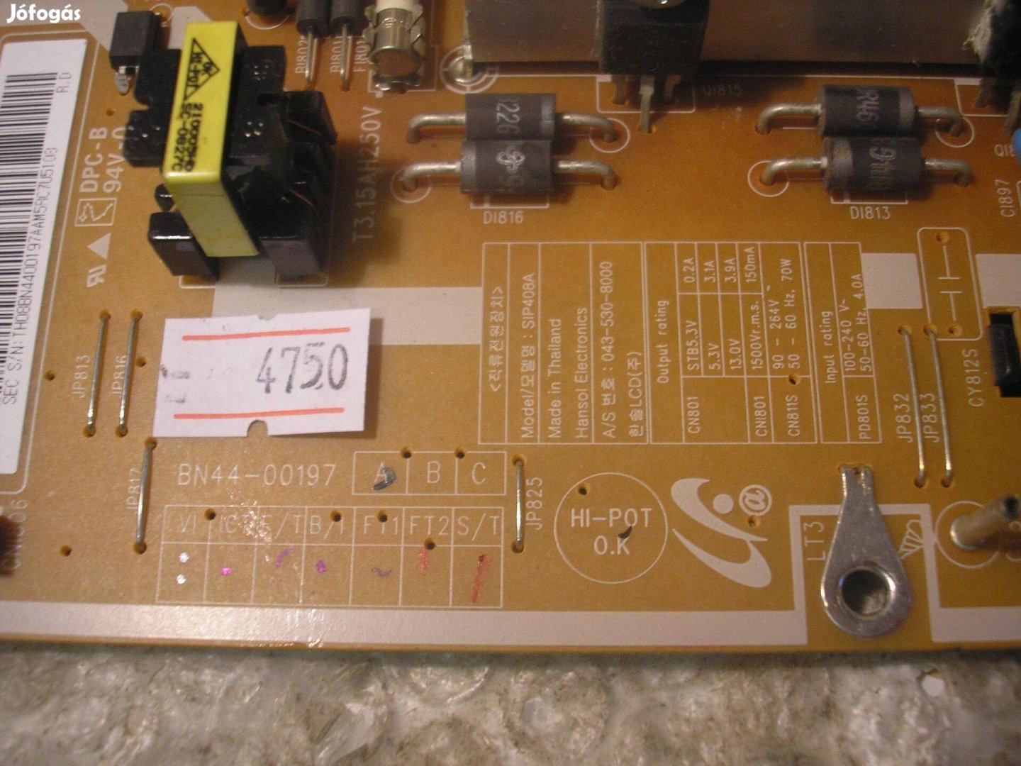 4750 Samsung LE40A656 tápegység BN44-00197A LE40A756 SIP408A 39253100