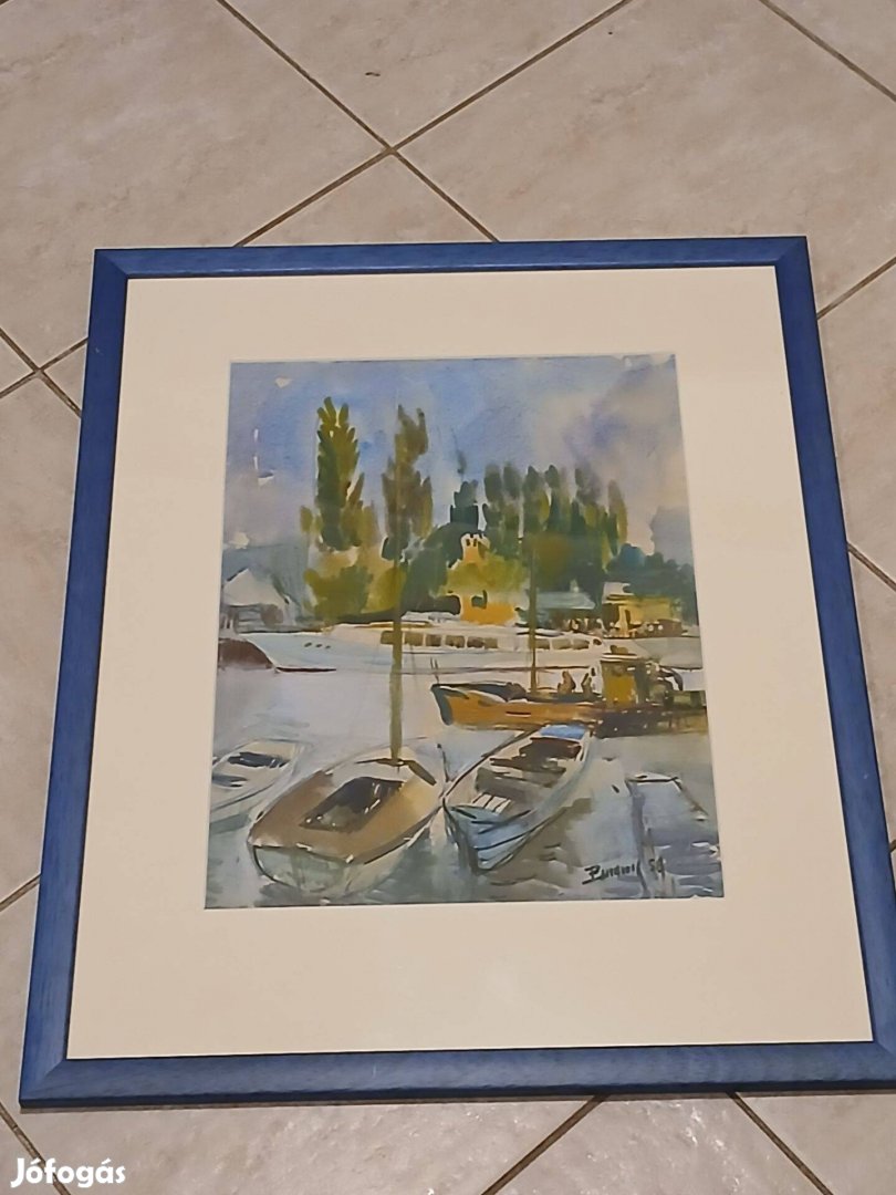 48x59cm akvarell festmény Balaton kikötő hajó 1958 szignó