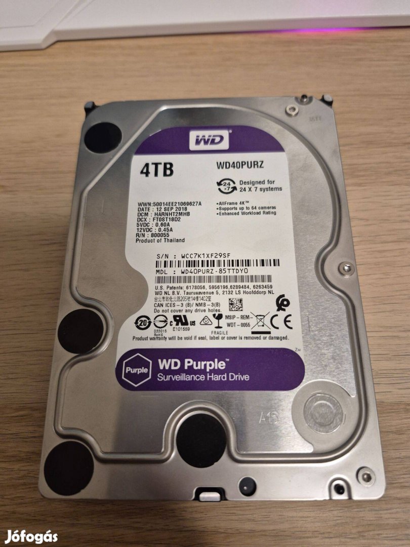 4TB WD purple HDD, merevlemez 100/100%