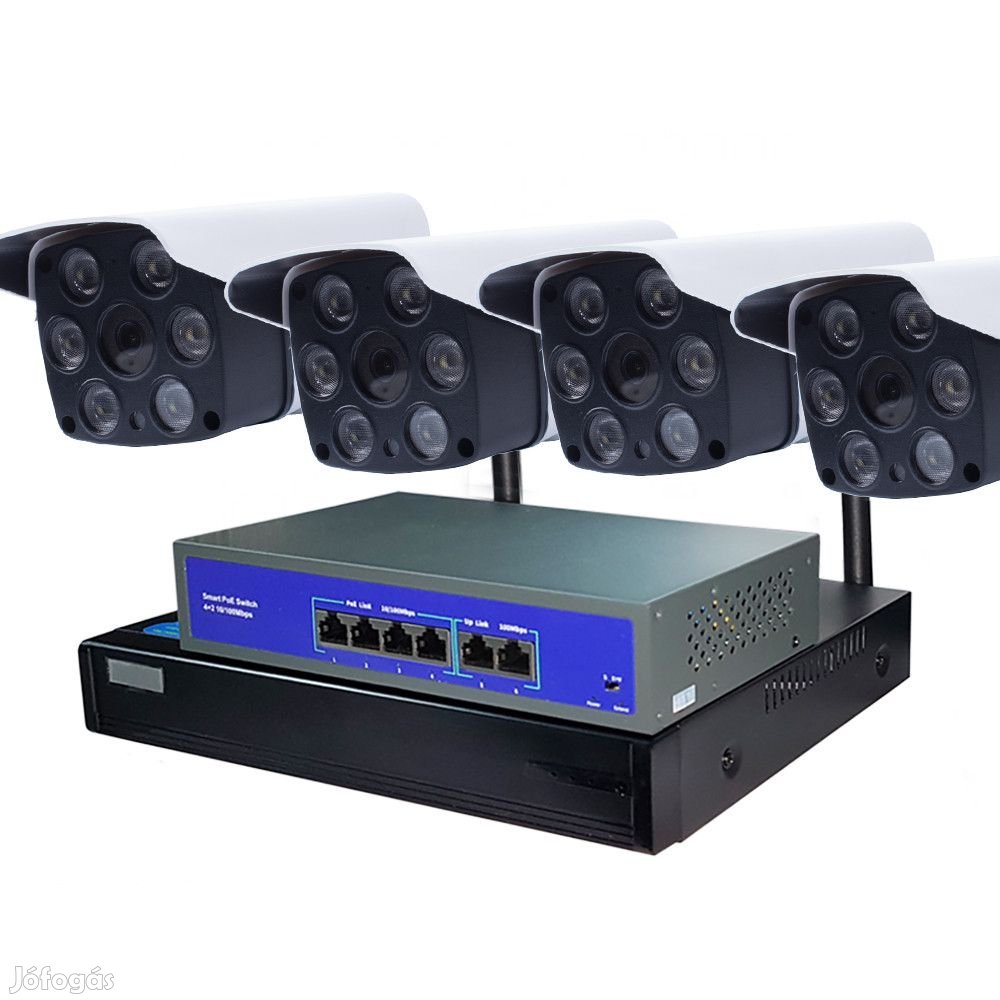 4 KAMERÁS 4MP IP POE SWITCH RENDSZER, H.265X, AI, ARCFELISMERŐ, HIBRI