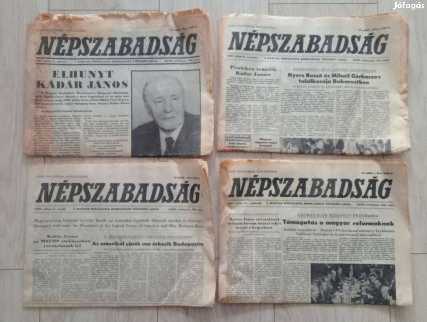 4 db Népszabadság 1989-ből az egyiken Kádár János