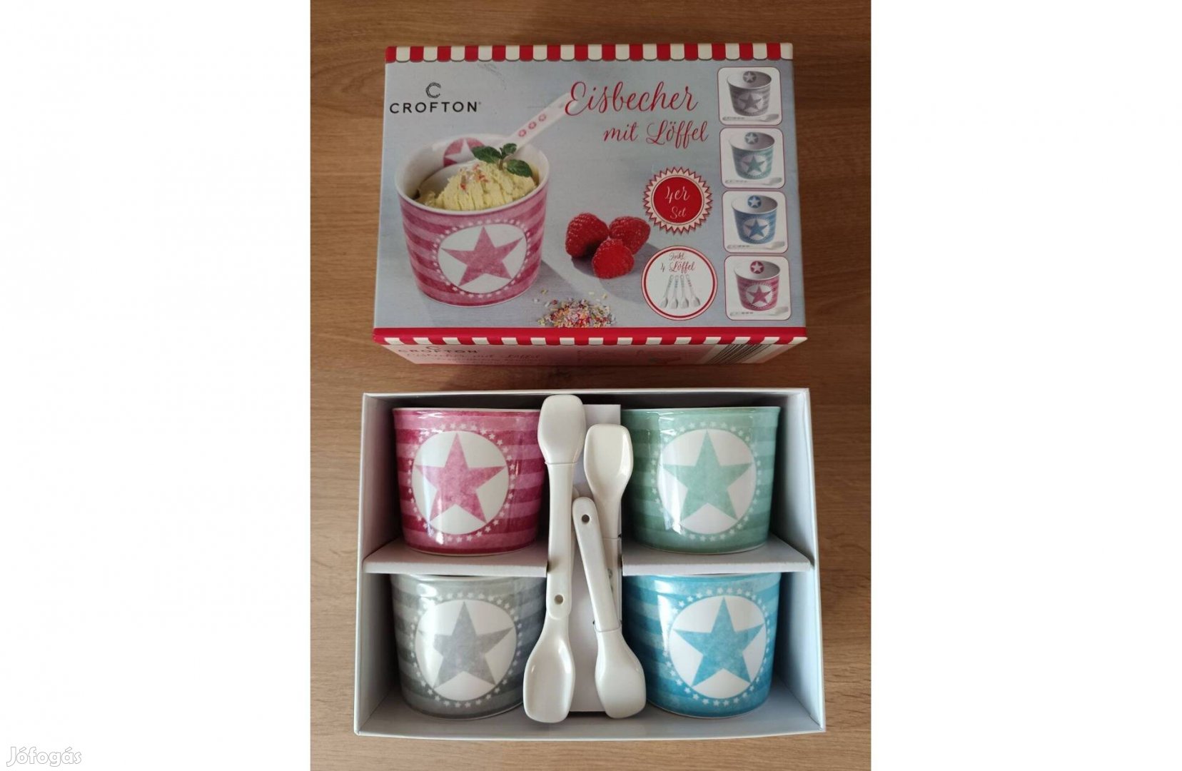4 db-os porcelán fagylalt pohár, desszert szett kanállal,