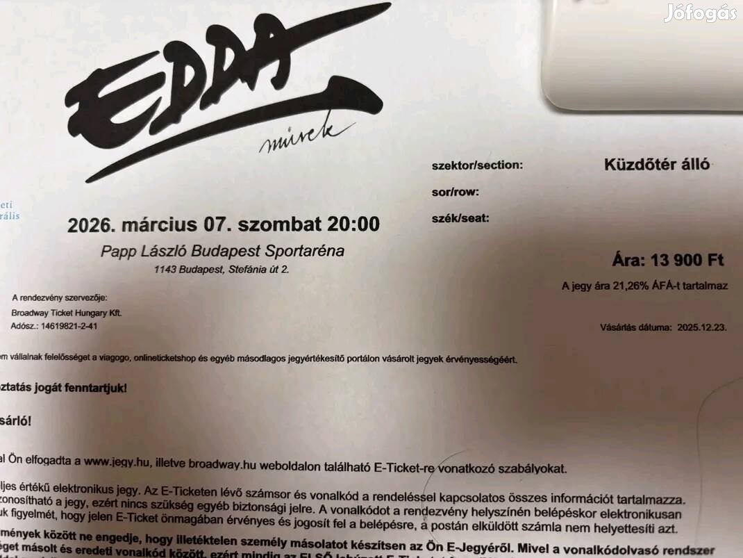 4db edda állo jegy eladó